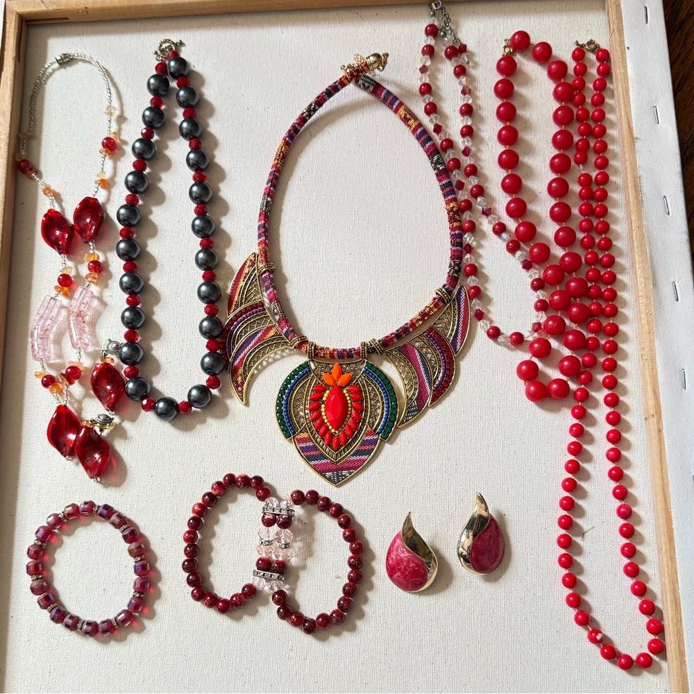 Red Tone Jewelry Lot Necklaces, Bracelets, and Earrings (Vintage + Modern Mix)